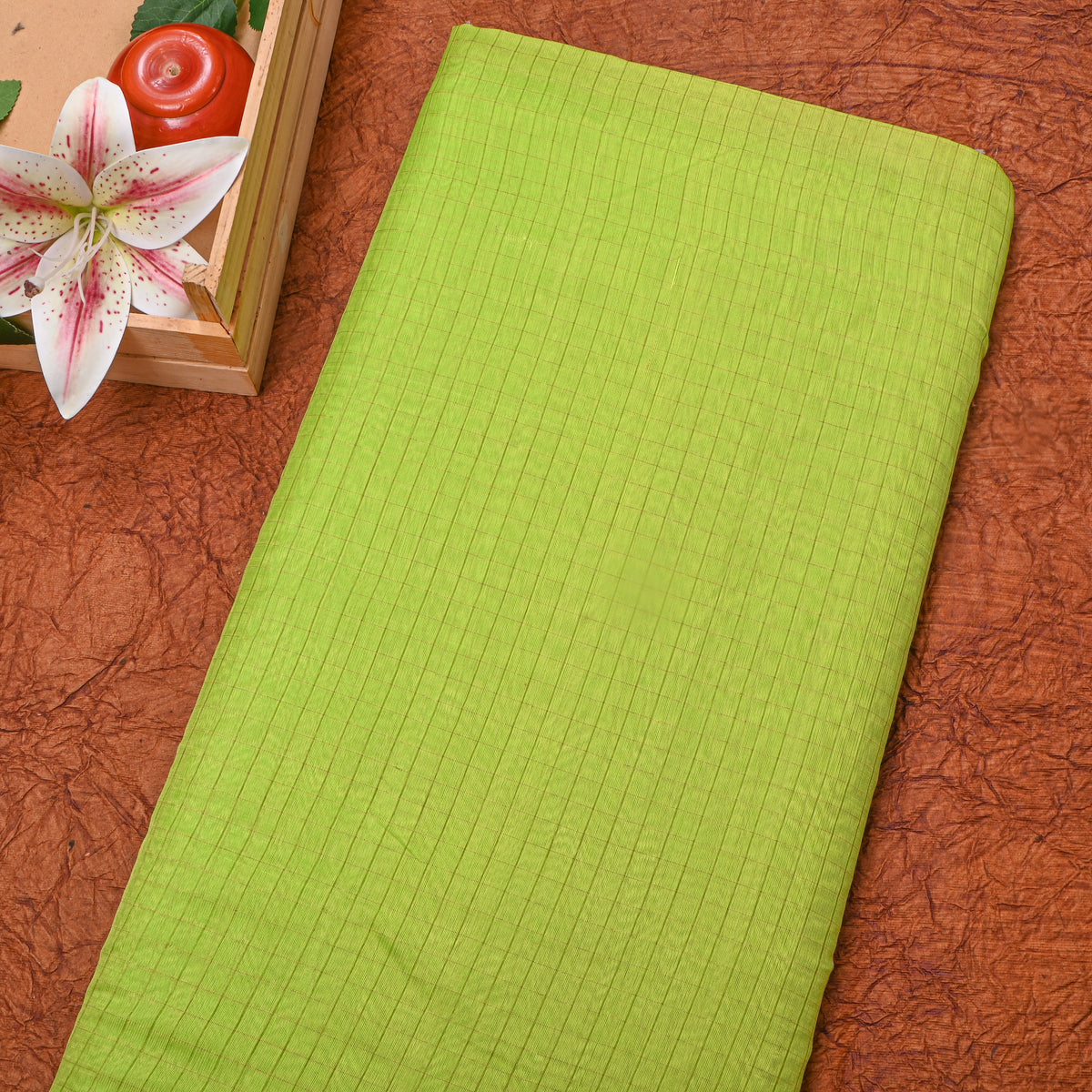 Parrot Green Gold Check Geometric Jamawar Silk Fabric