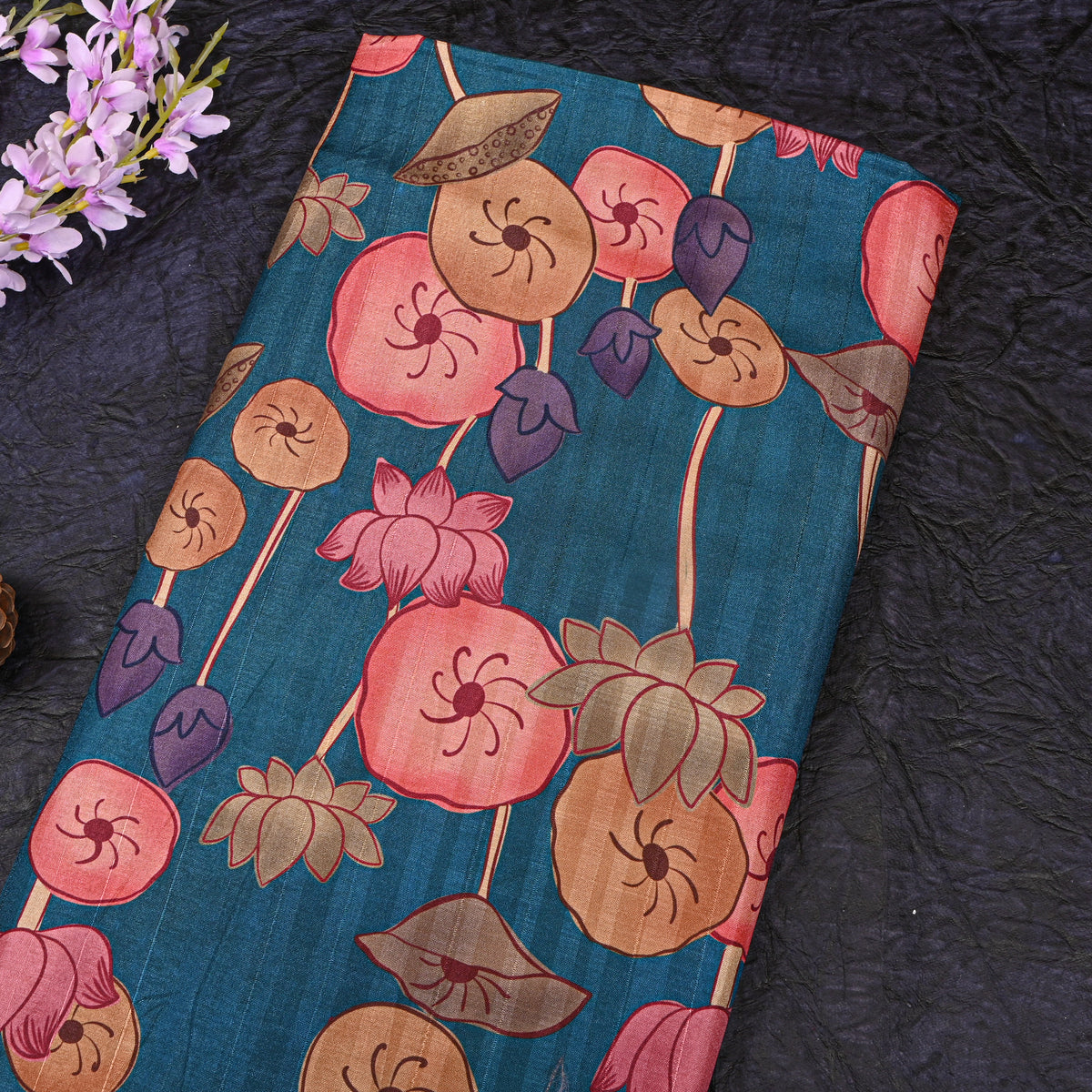 Petrol Blue Lotus Kalamkari Pen Digital Print Dupion Silk Fabric