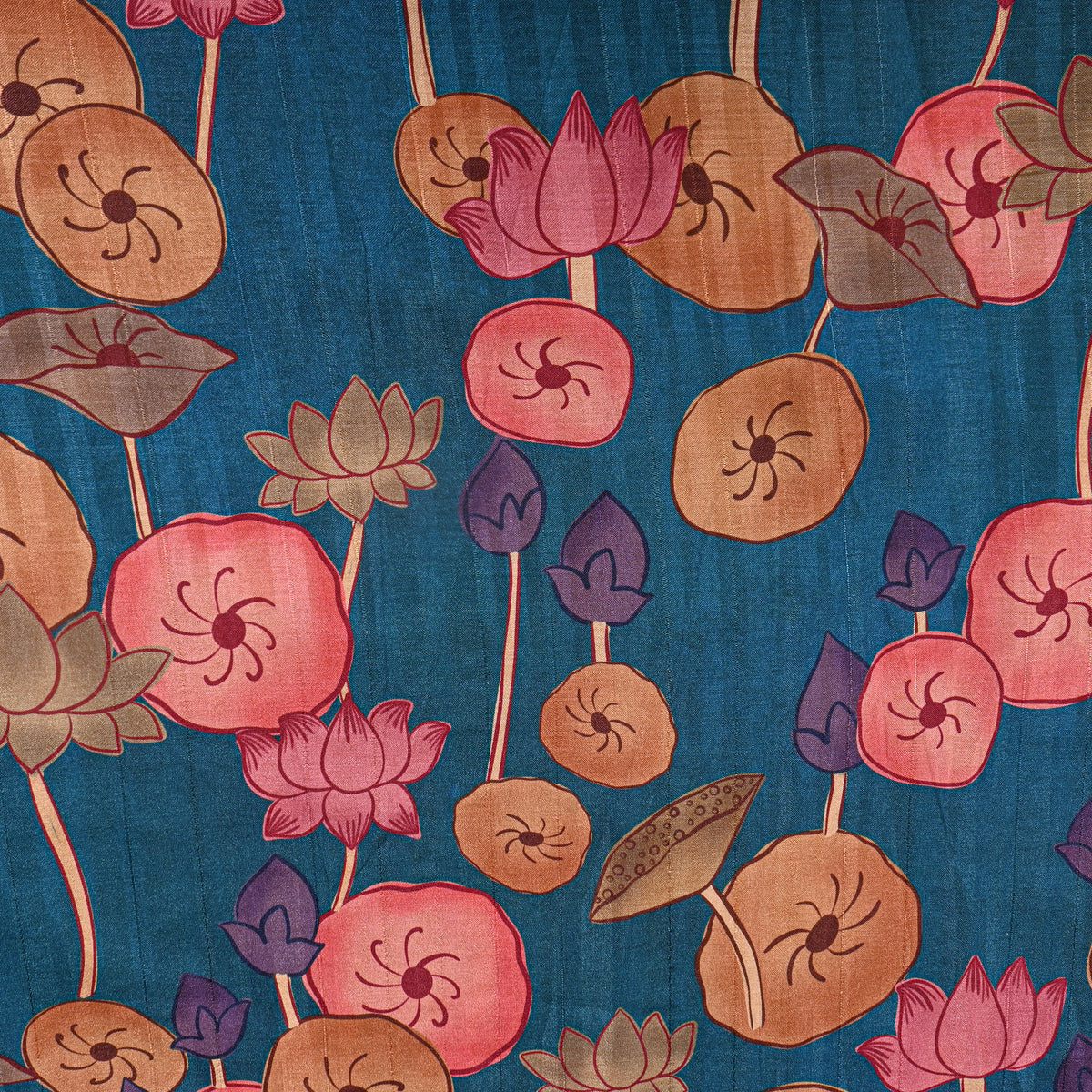 Petrol Blue Lotus Kalamkari Pen Digital Print Dupion Silk Fabric