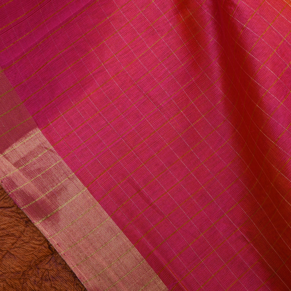 Magenta Gold Check Self Weave Jamawar Silk Fabric