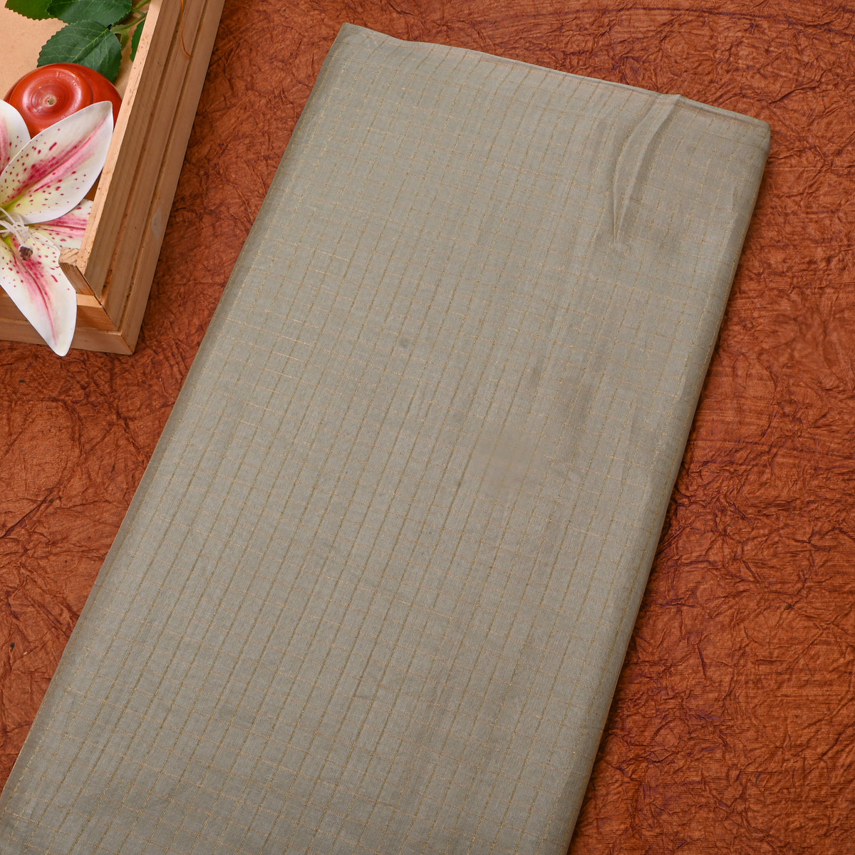 Olive Grey Gold Check Self Weave Silk Fabric