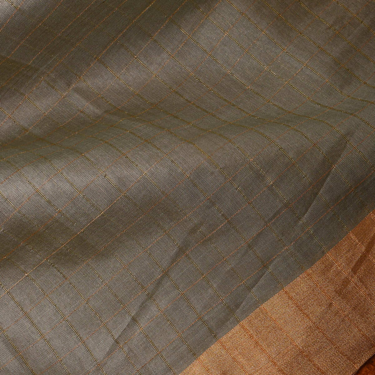 Olive Grey Gold Check Self Weave Silk Fabric