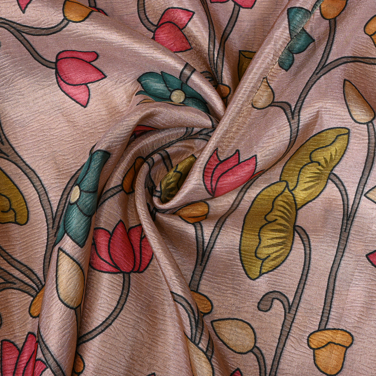 Fawn Beige Lotus Vine Print Tussar Silk Fabric