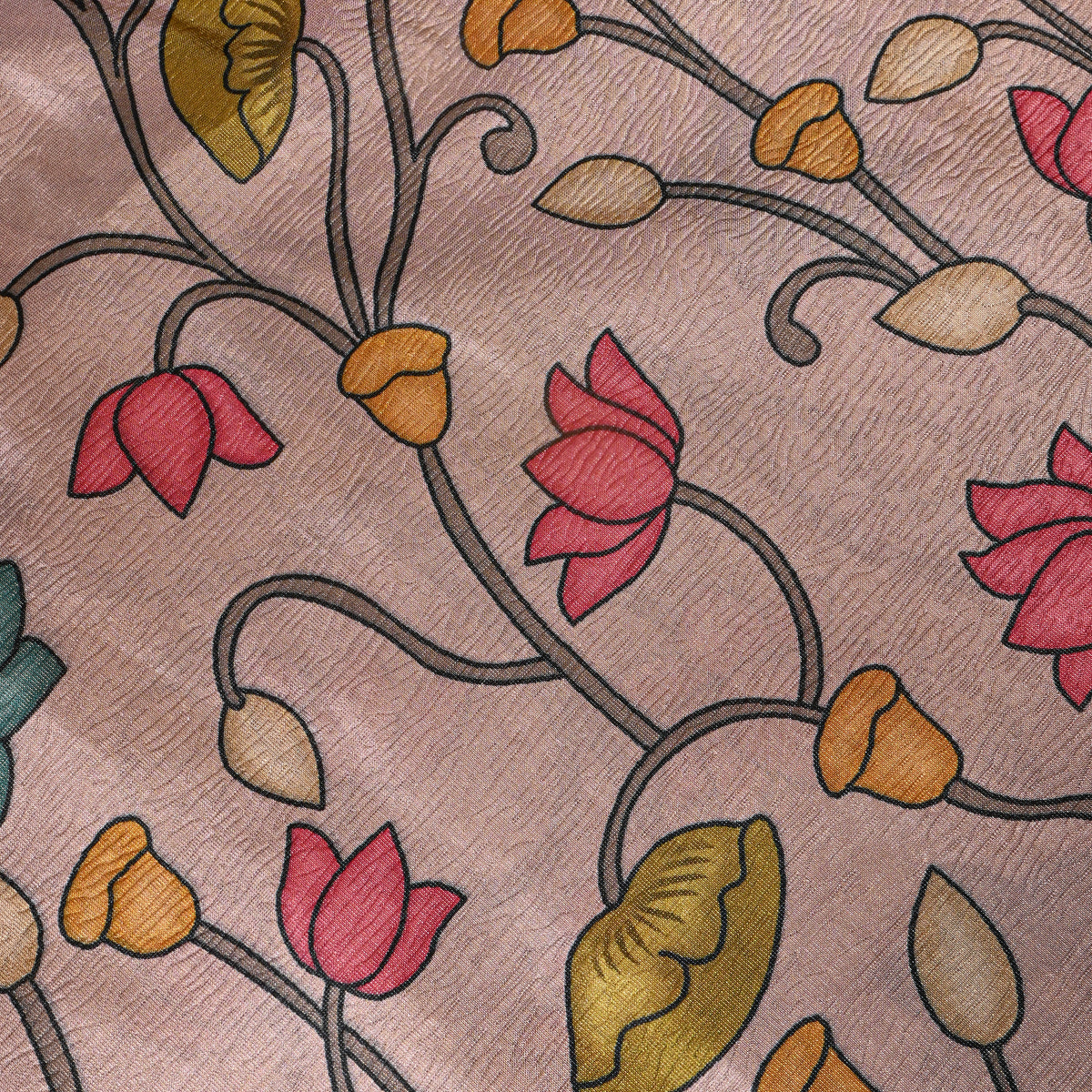 Fawn Beige Lotus Vine Print Tussar Silk Fabric