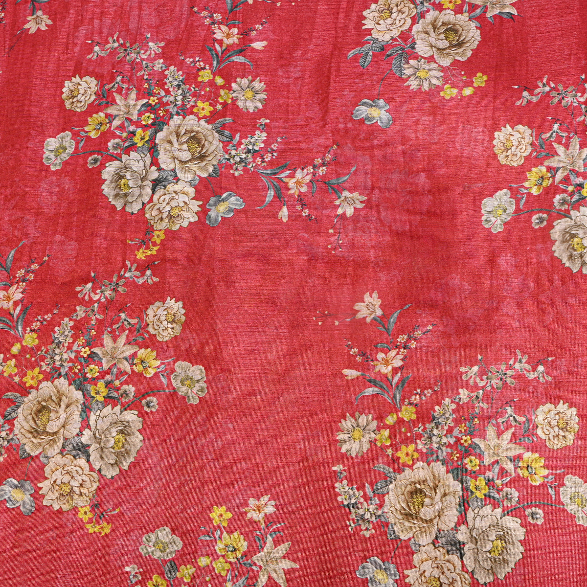 Crimson Orange Bouquet Print Tissue Fabric With Gold Border