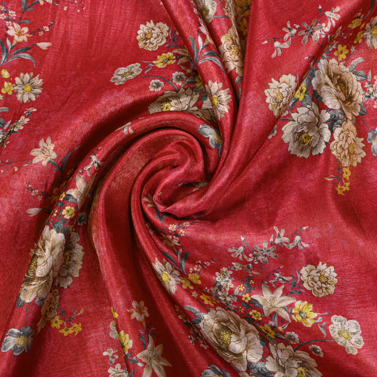 Crimson Orange Bouquet Print Tissue Fabric With Gold Border