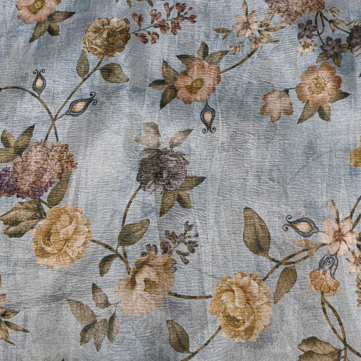 Dusty Blue Garden Rose Print Tussar Silk Fabric