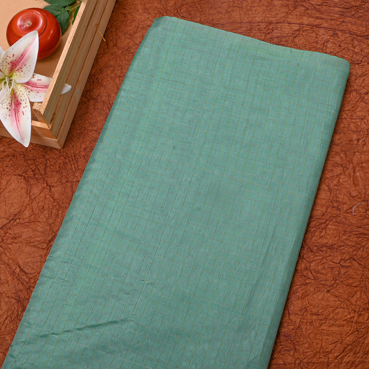Teal Gold Check Self Weave Jamawar Silk Fabric