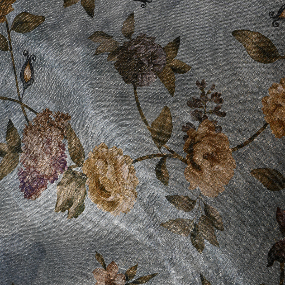 Dusty Blue Garden Rose Print Tussar Silk Fabric