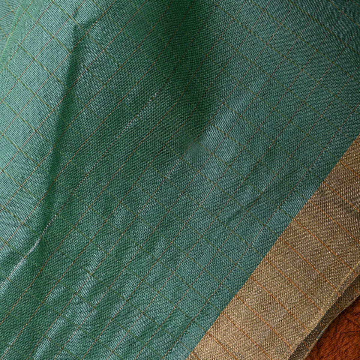 Teal Gold Check Self Weave Jamawar Silk Fabric