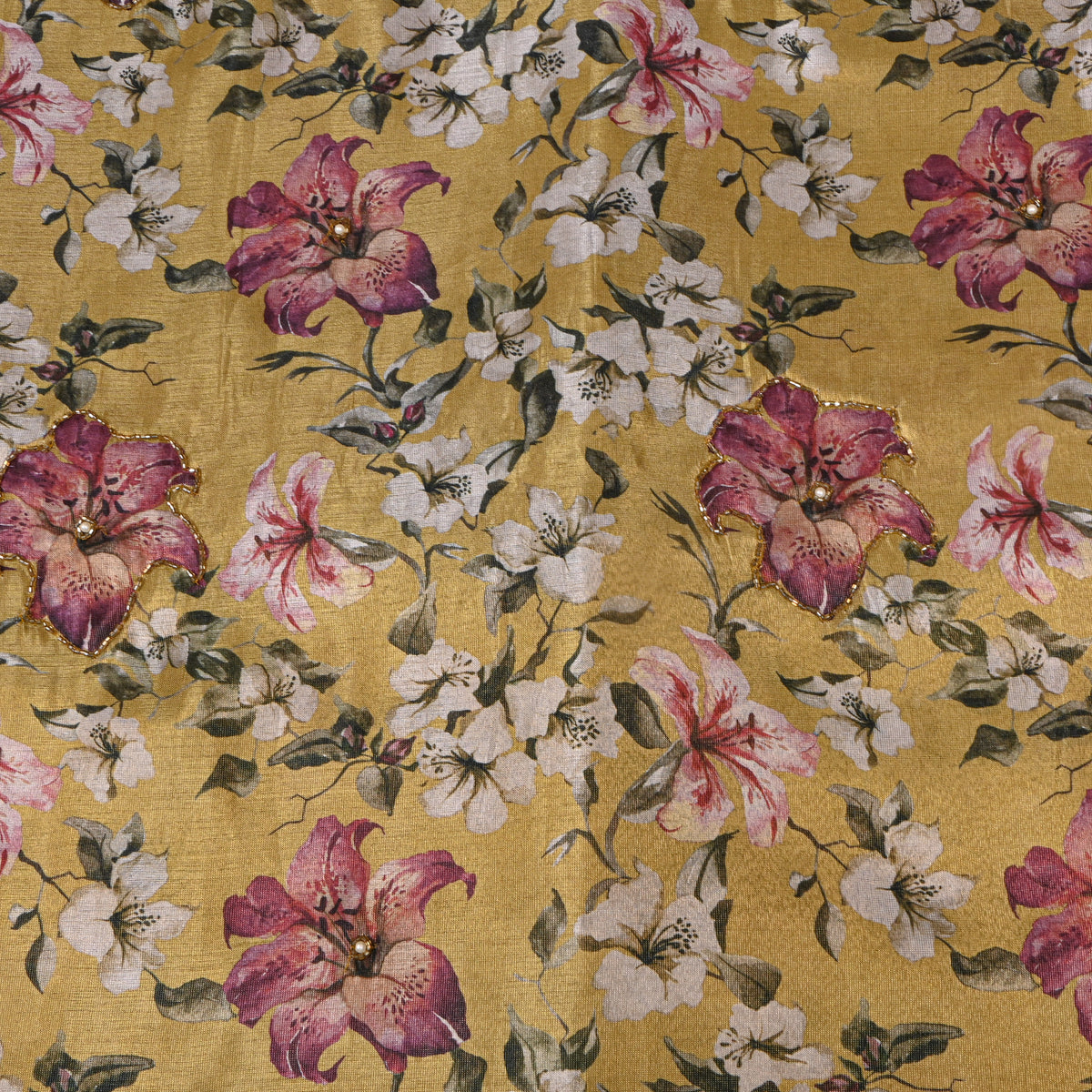 Mustard Lily Floral Bead Work Embroidery Tissue Fabric