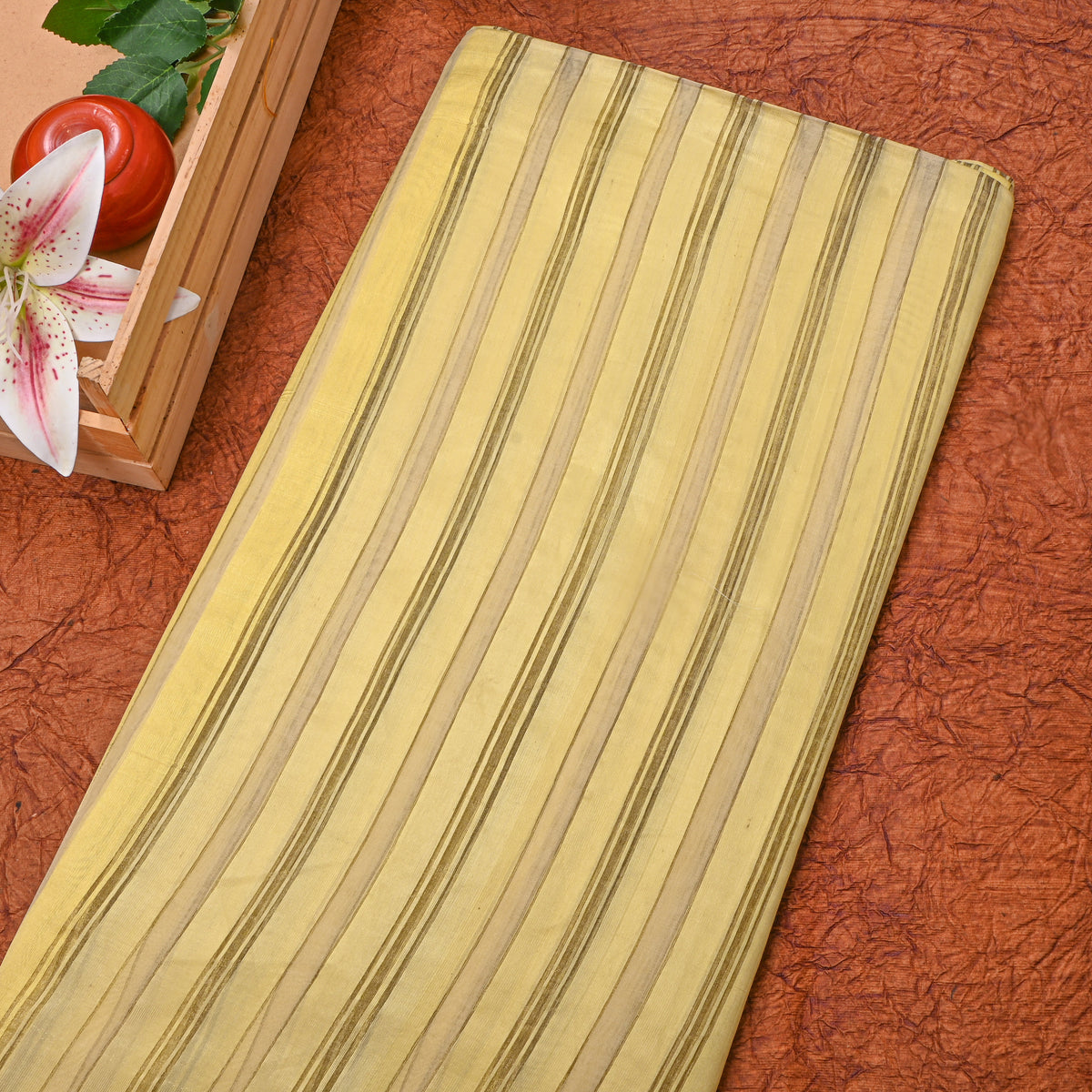 Butter Yellow With Gold Zari Stripes Silk Fabric