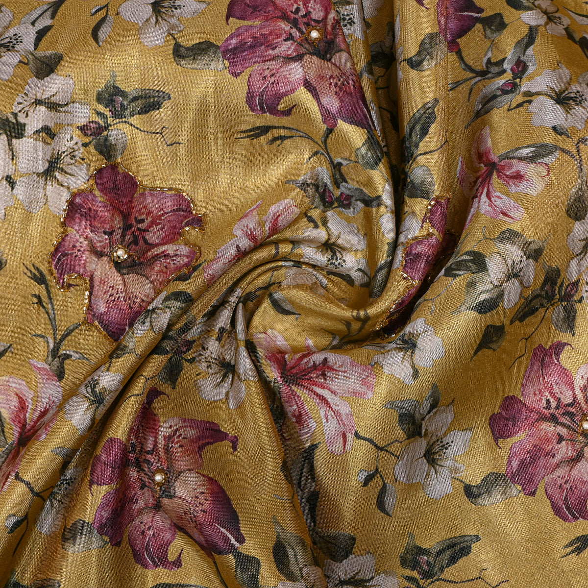 Mustard Lily Floral Bead Work Embroidery Tissue Fabric