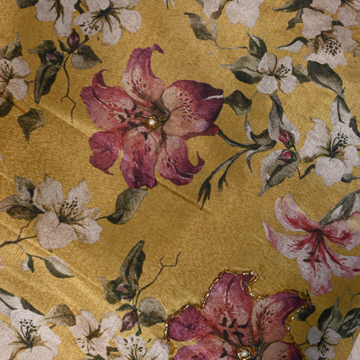 Mustard Lily Floral Bead Work Embroidery Tissue Fabric