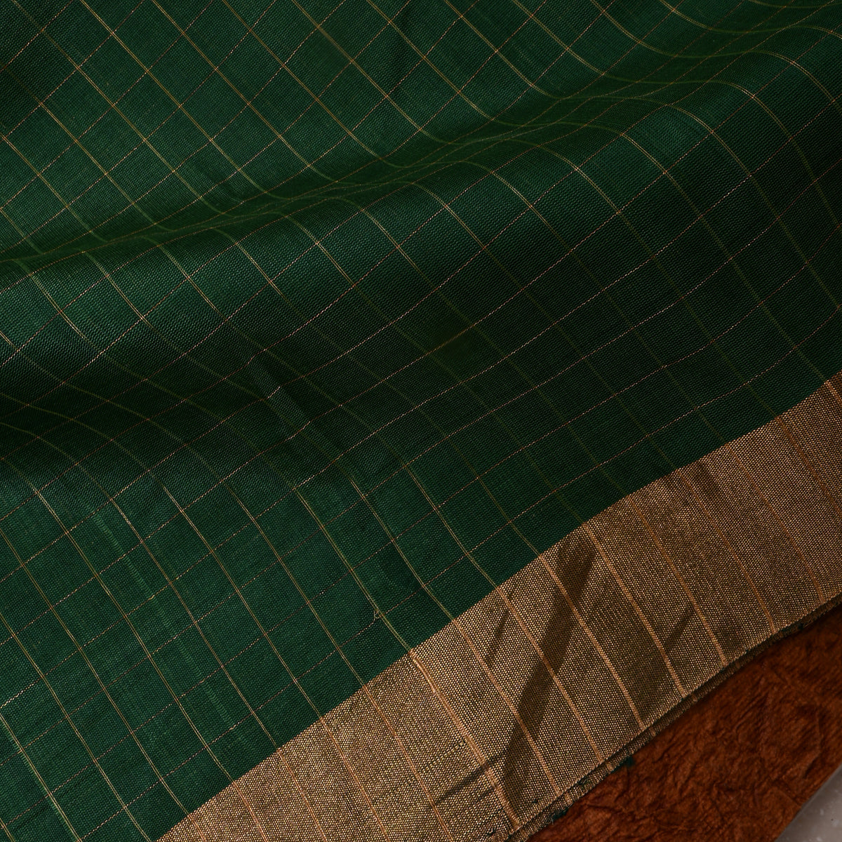 Bottle Green Gold Check Brocade Jamawar Silk Fabric