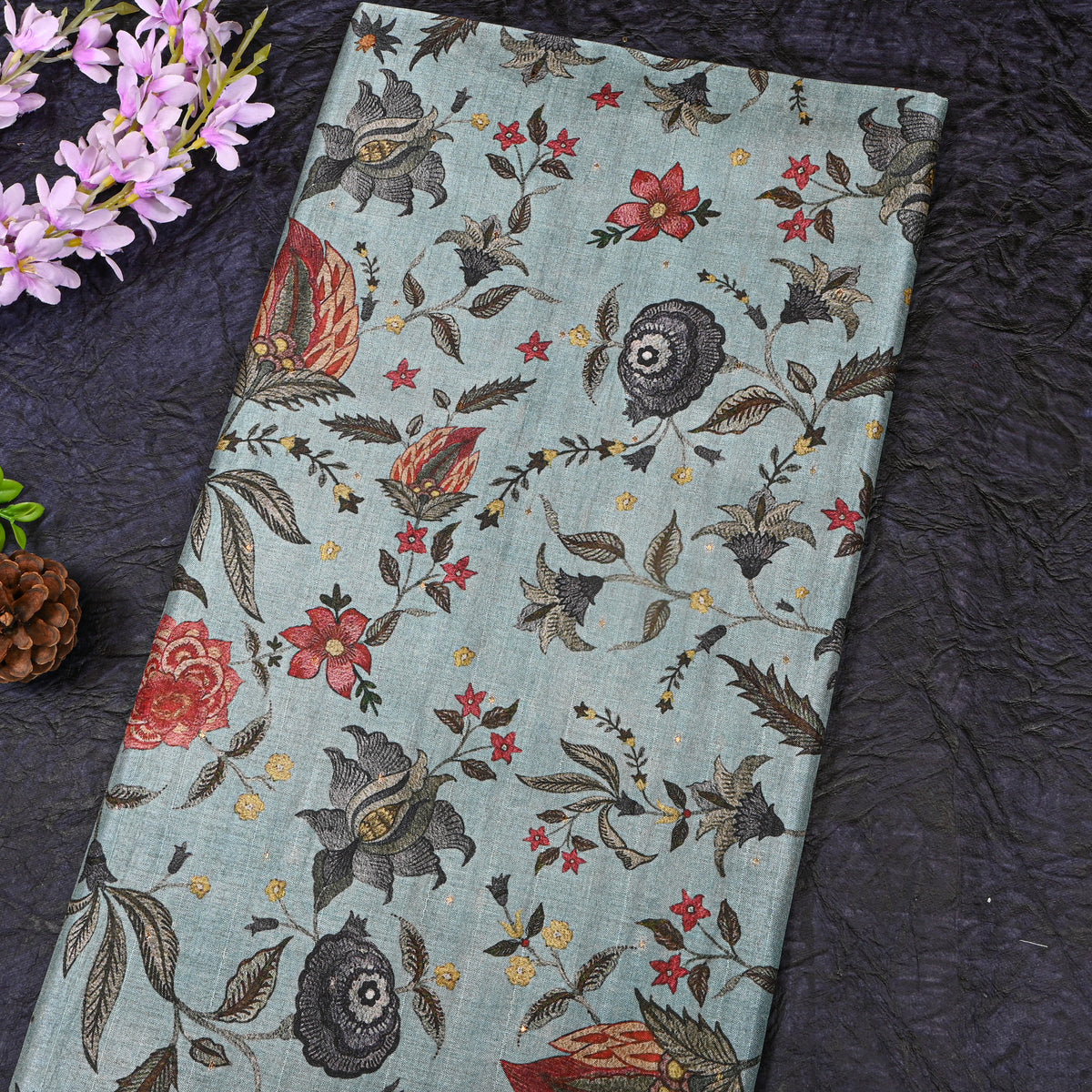 Seafoam Bold Floral Vine Print Tussar Silk Fabric