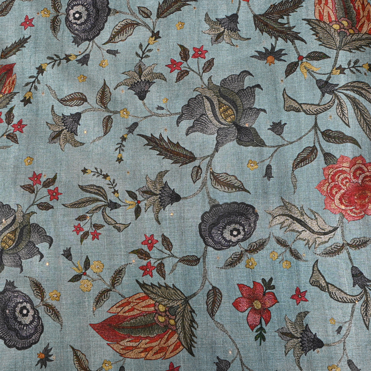 Seafoam Bold Floral Vine Print Tussar Silk Fabric