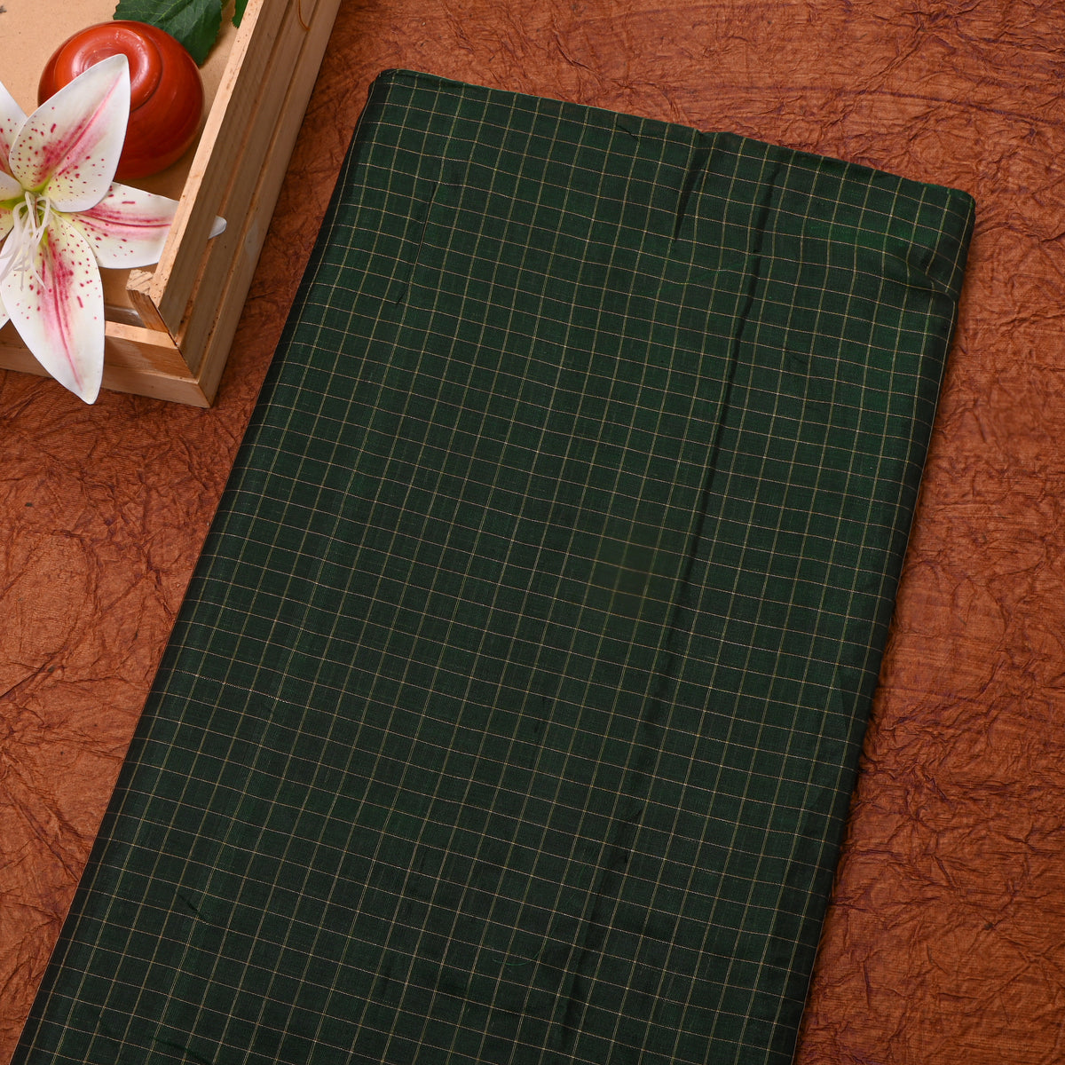 Pine Green Gold Check Floral Jamawar Silk Fabric
