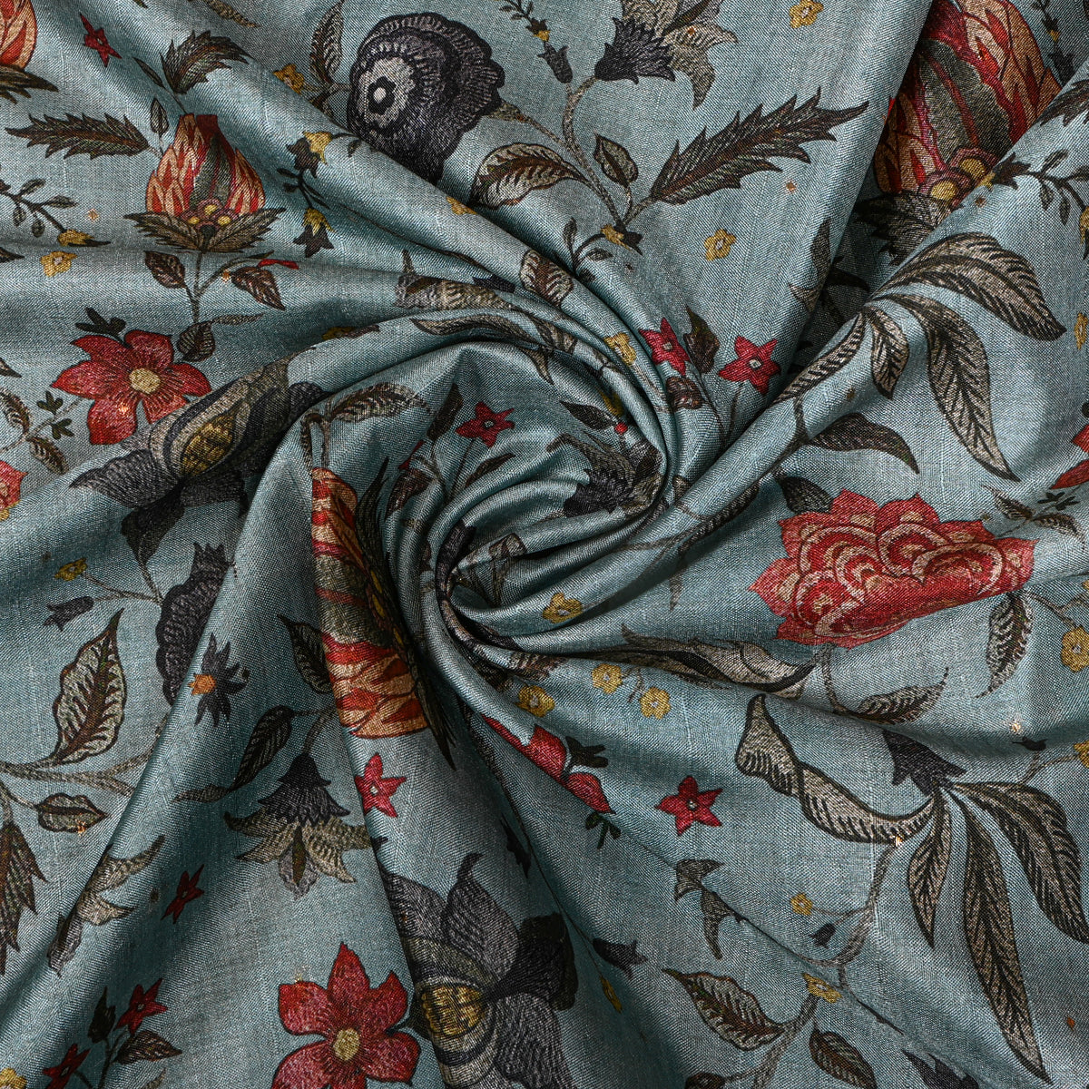 Seafoam Bold Floral Vine Print Tussar Silk Fabric