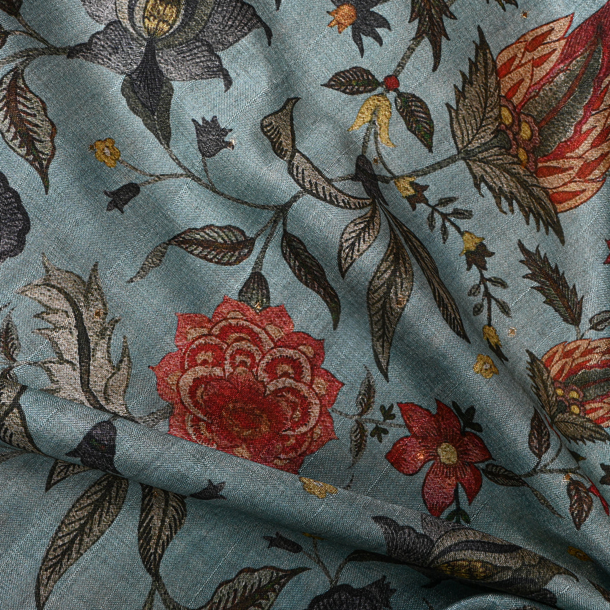 Seafoam Bold Floral Vine Print Tussar Silk Fabric