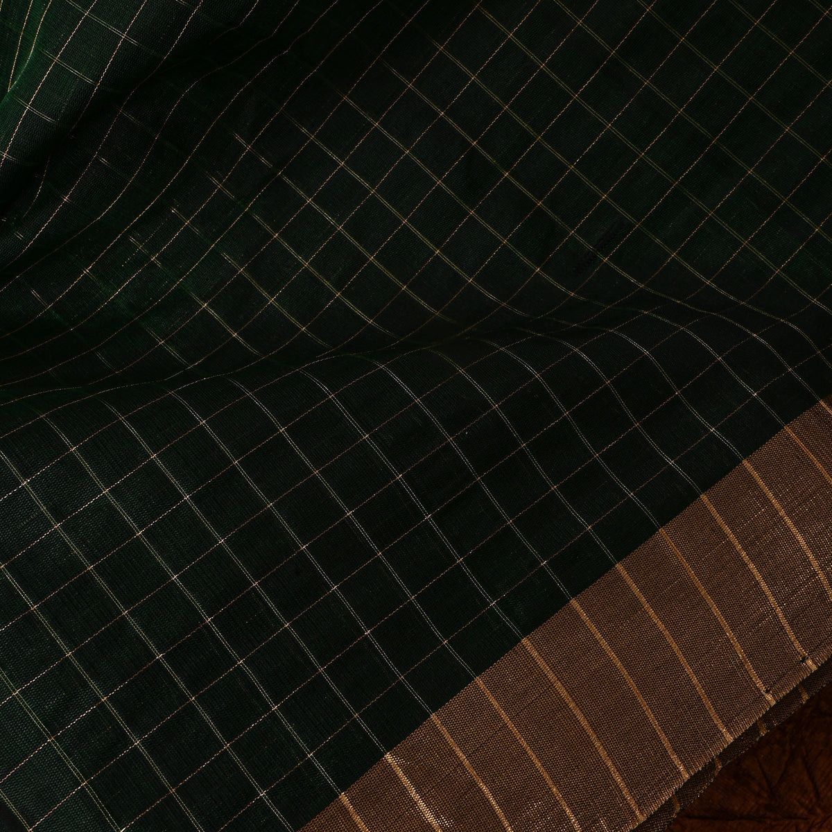 Pine Green Gold Check Floral Jamawar Silk Fabric