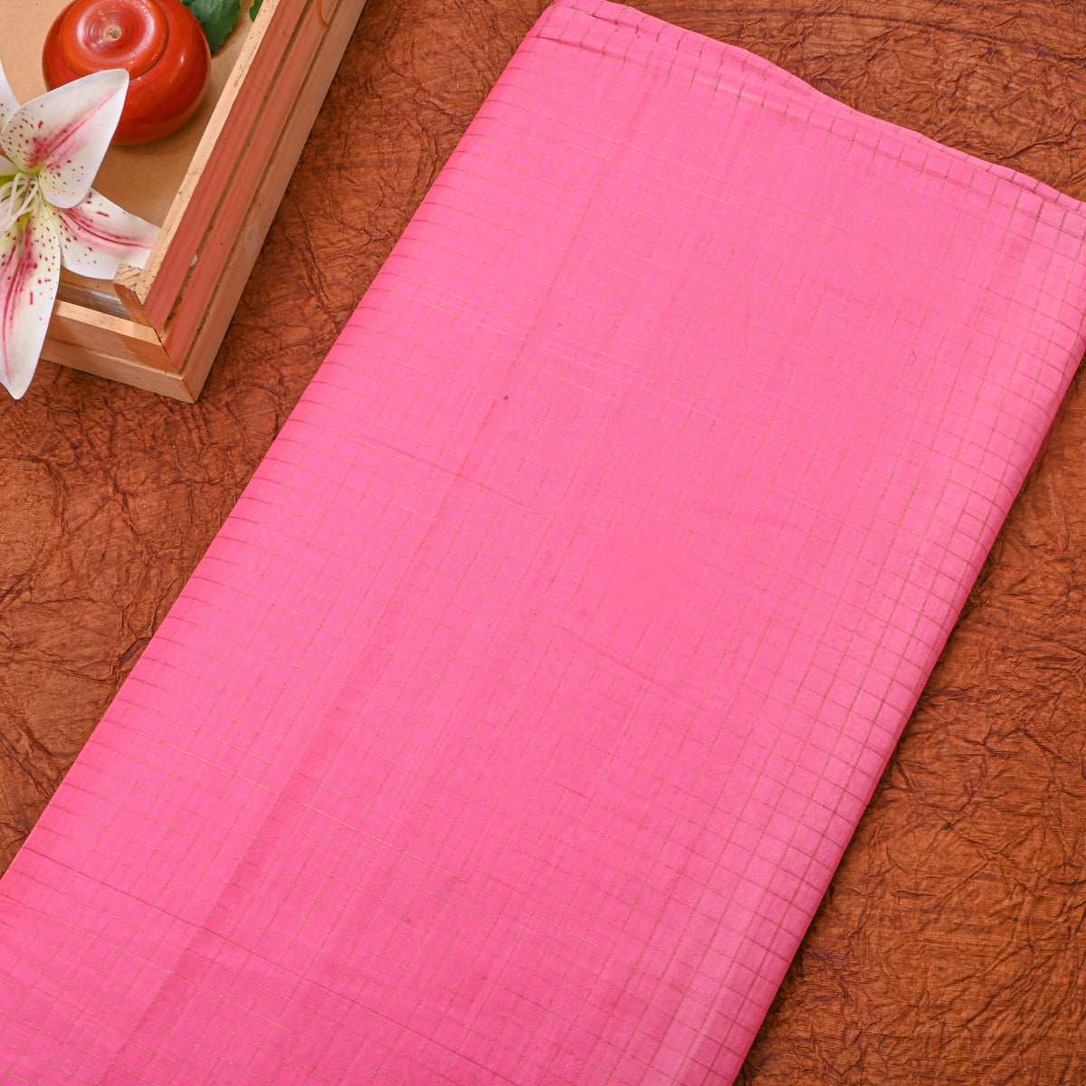 Blush Pink Gold Zari Checks Silk Fabric