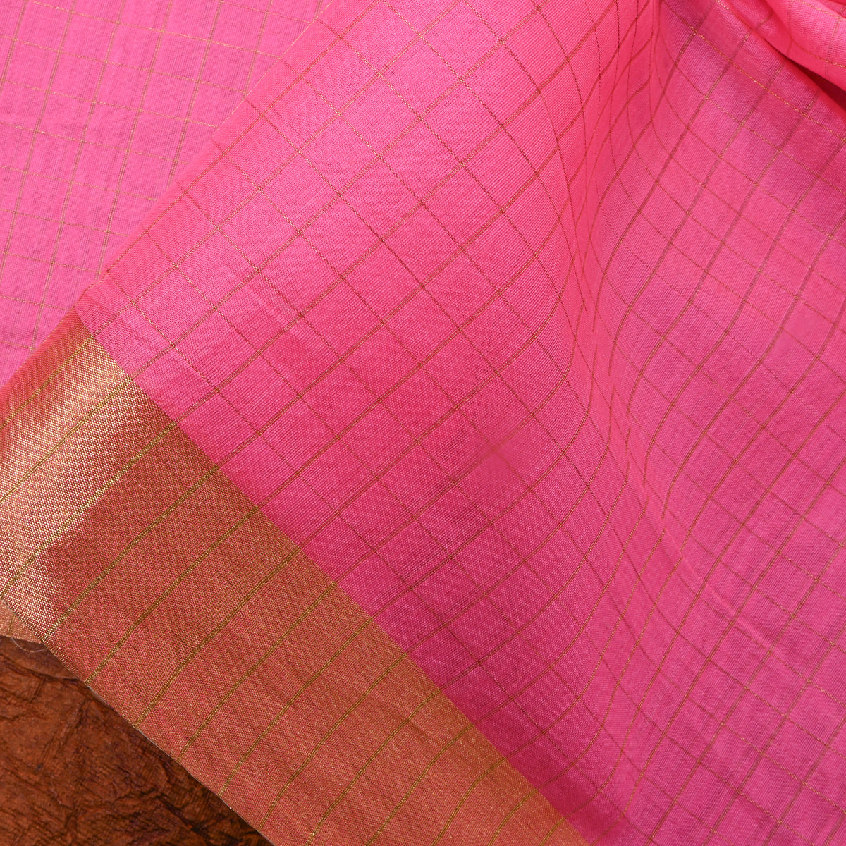 Blush Pink Gold Zari Checks Silk Fabric