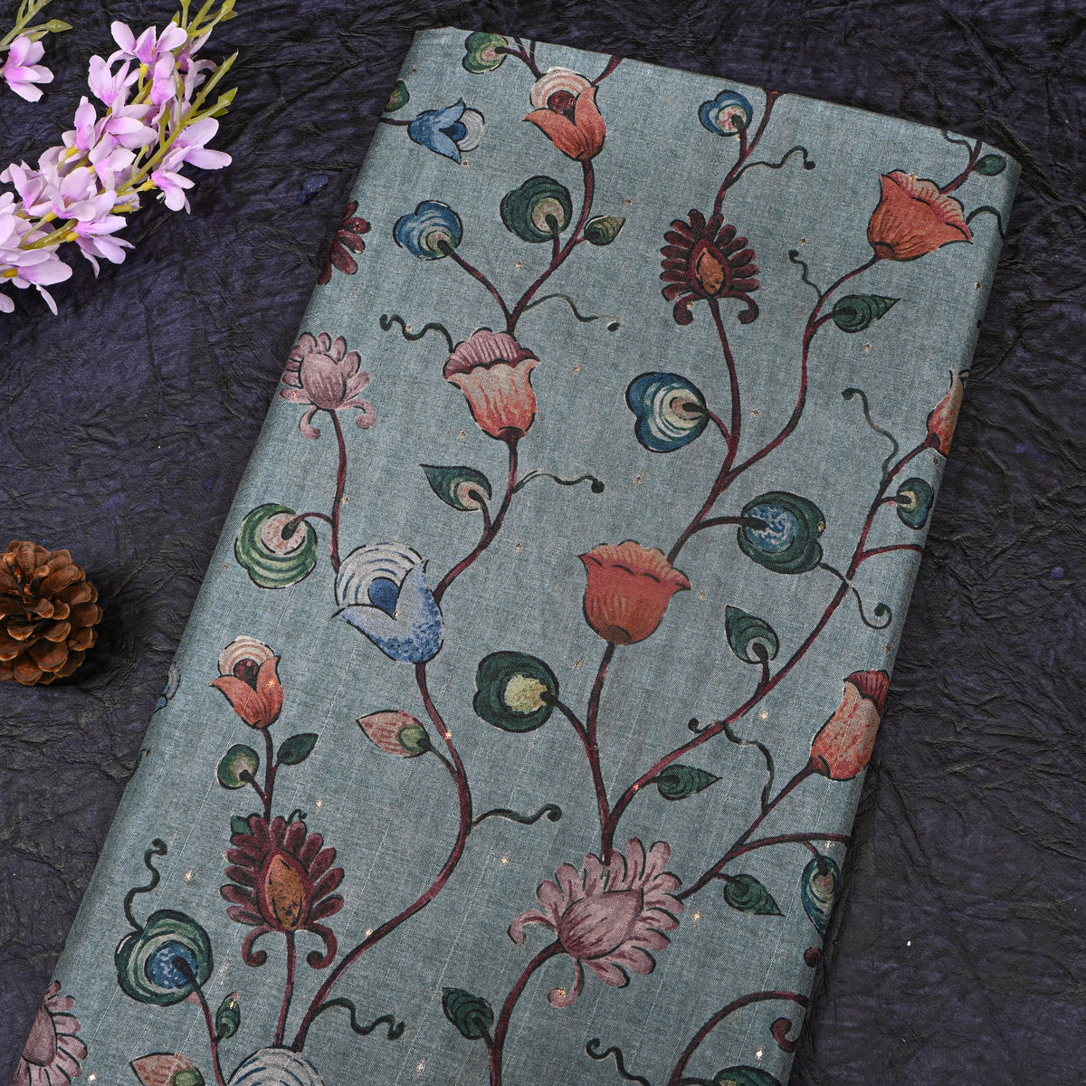 Ash Green Colourful Floral Vine Print Tussar Silk Fabric