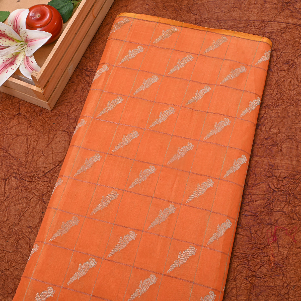 Marigold Zari Parrot Motif Banarasi Silk Fabric