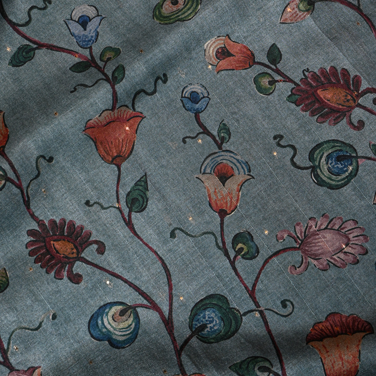 Ash Green Colourful Floral Vine Print Tussar Silk Fabric