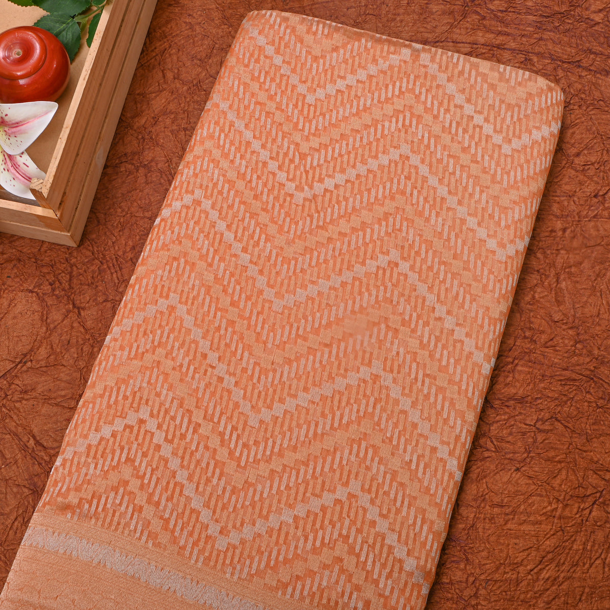 Warm Peach Zigzag Weave Banarasi Silk Fabric