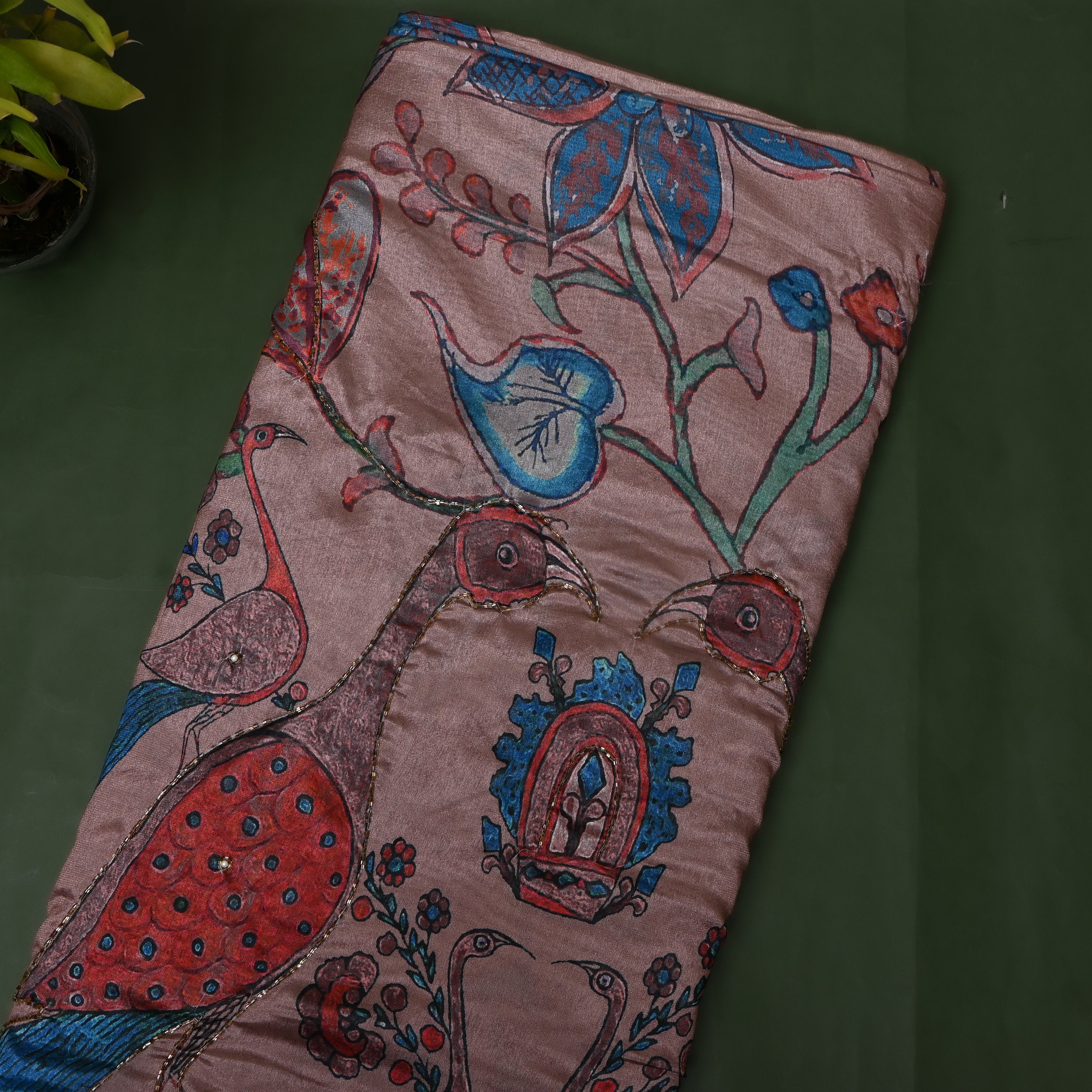 Mauve Peacock Motif Silk Fabric