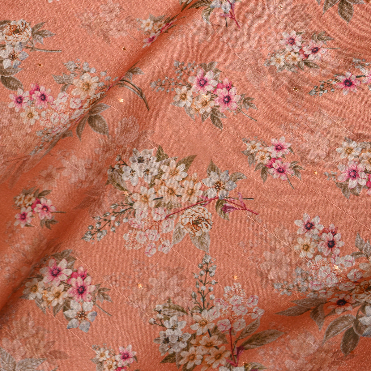 Apricot Floral Bunch Print Tussar Silk Fabric