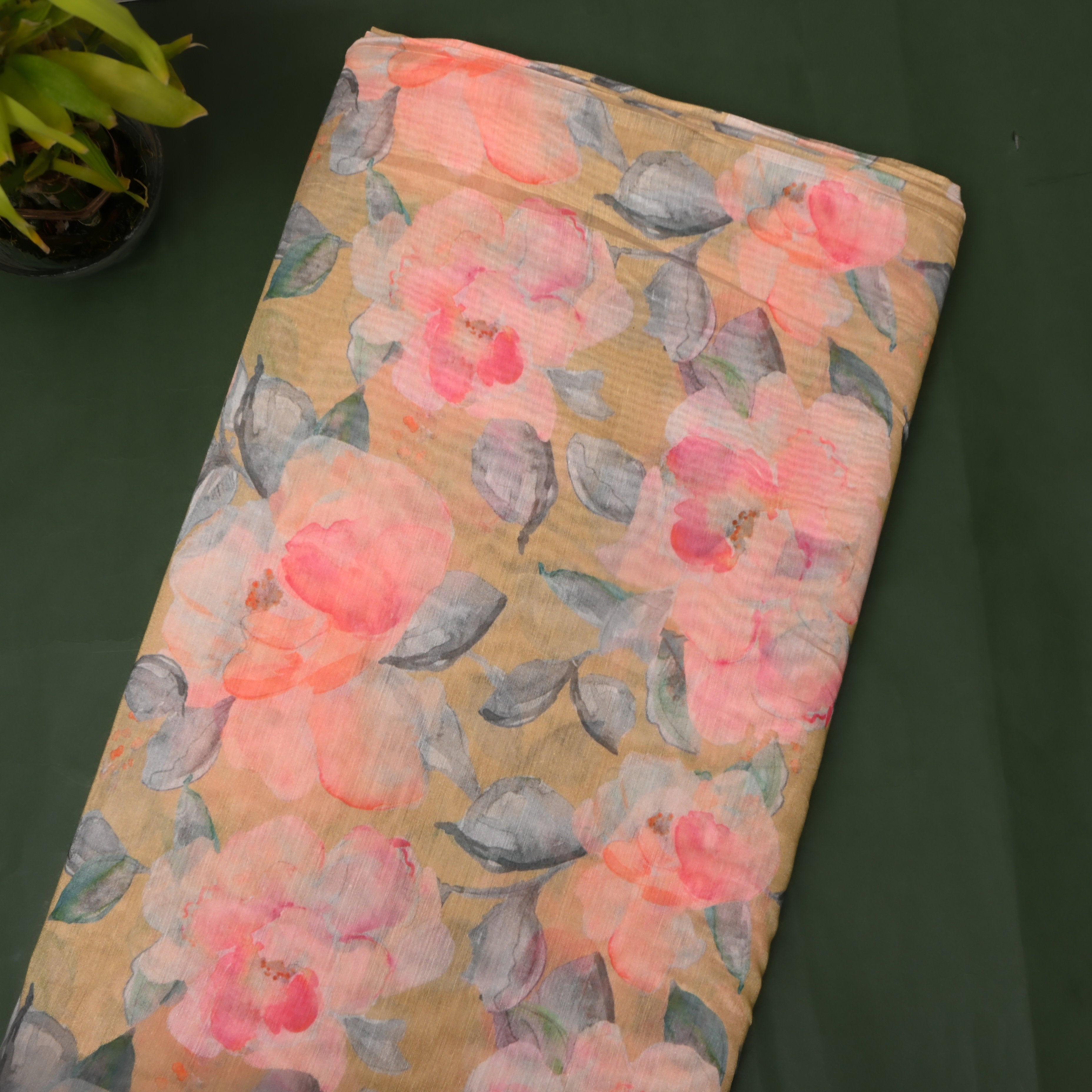 Golden Mustard Watercolor Floral Digital Print Soft Silk