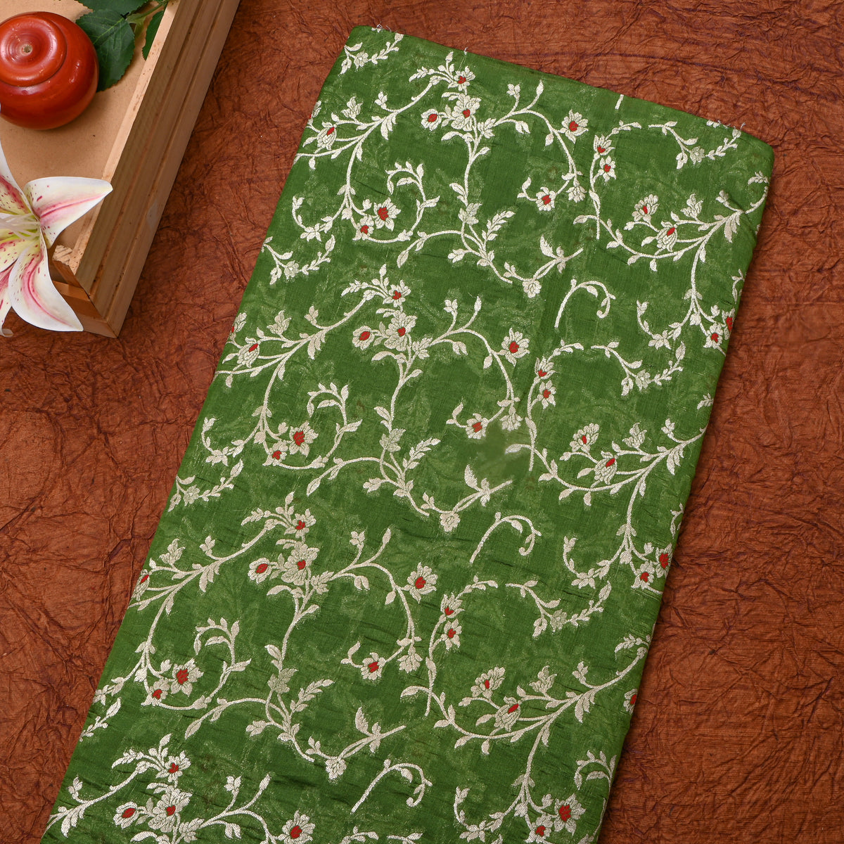 Moss Green Silver Zari Floral Jaal Jamawar Organza Fabric