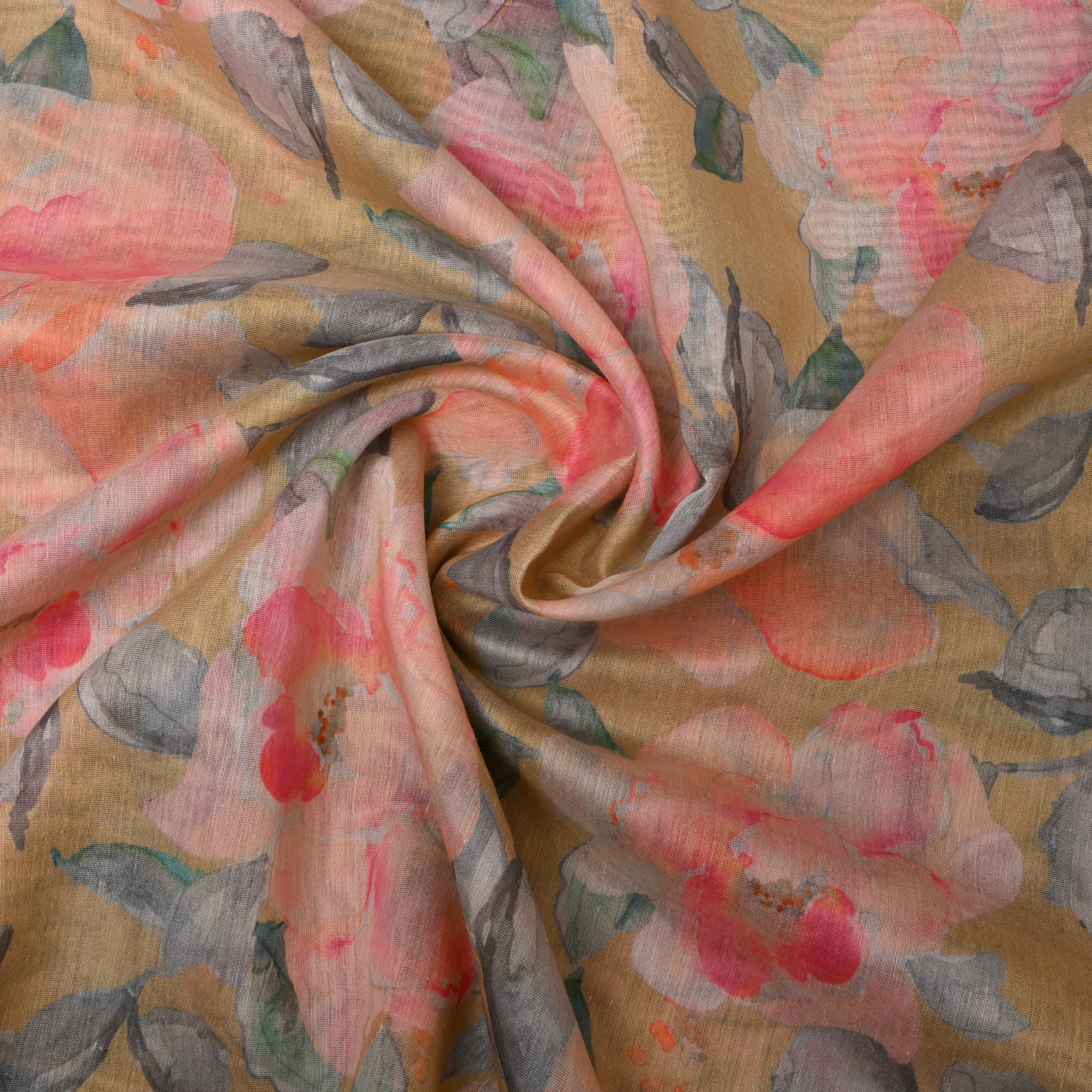 Golden Mustard Watercolor Floral Digital Print Soft Silk