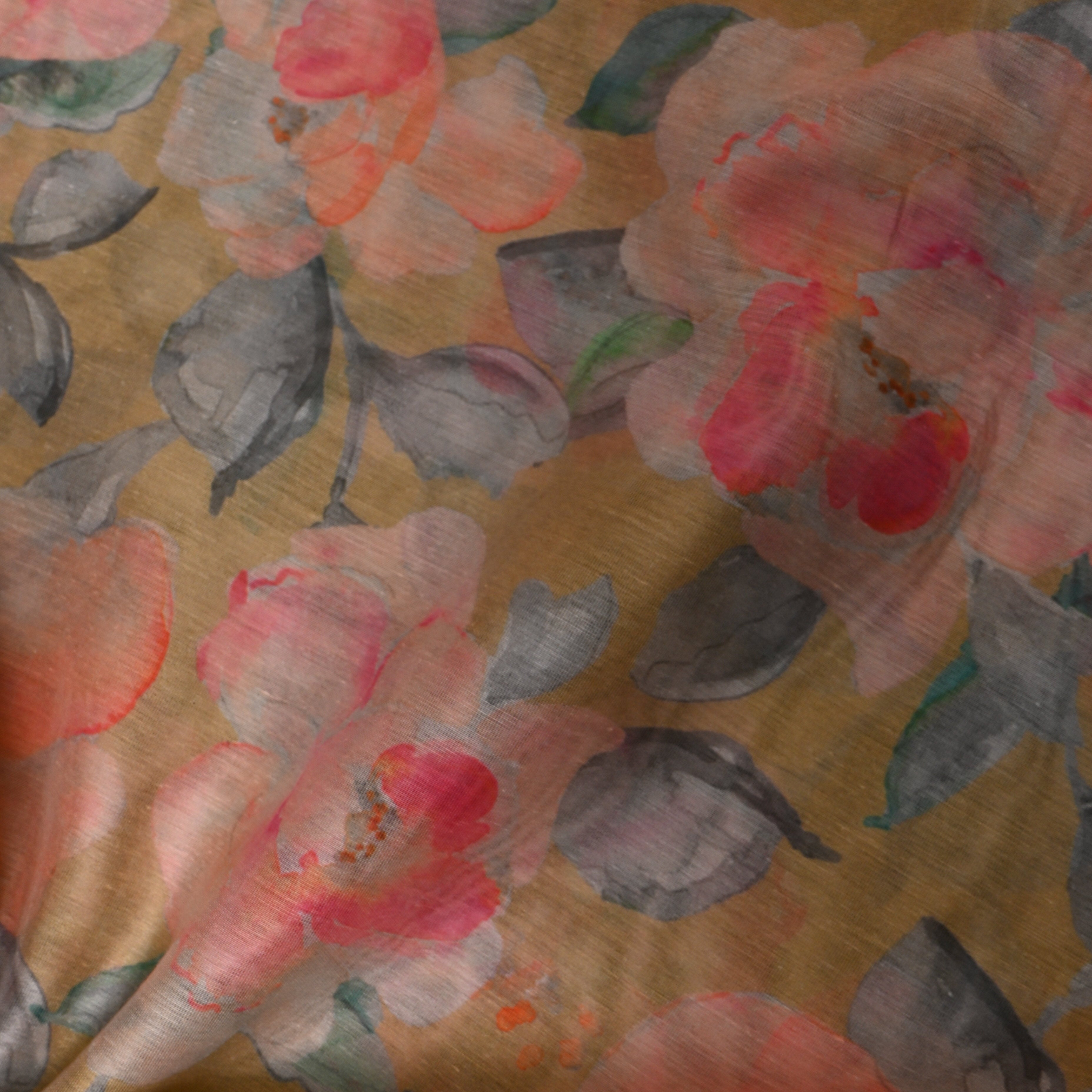 Golden Mustard Watercolor Floral Digital Print Soft Silk
