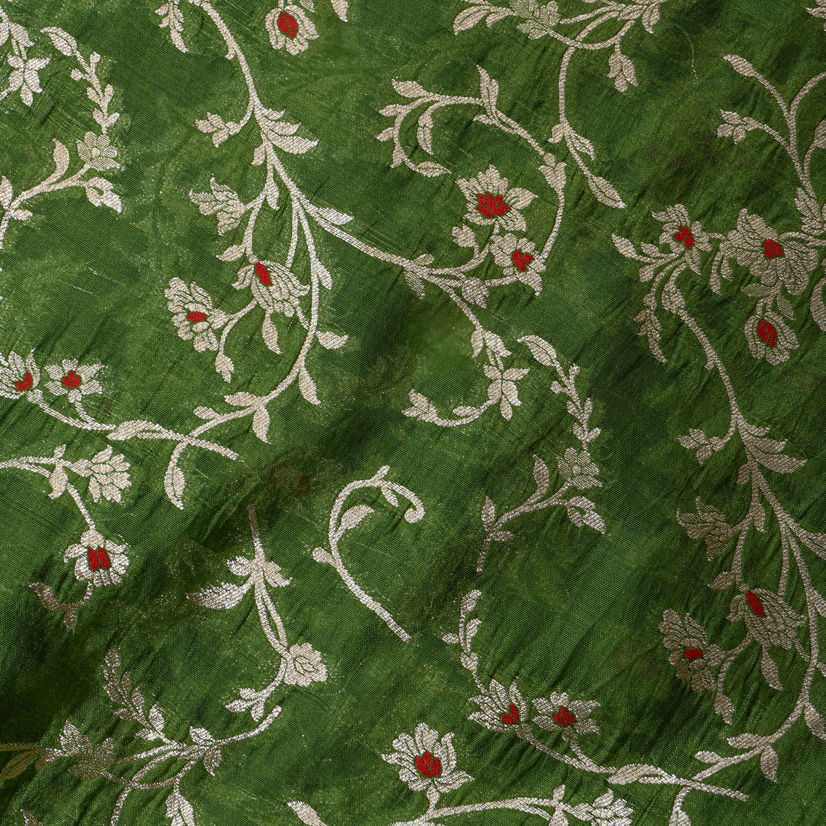 Moss Green Silver Zari Floral Jaal Jamawar Organza Fabric