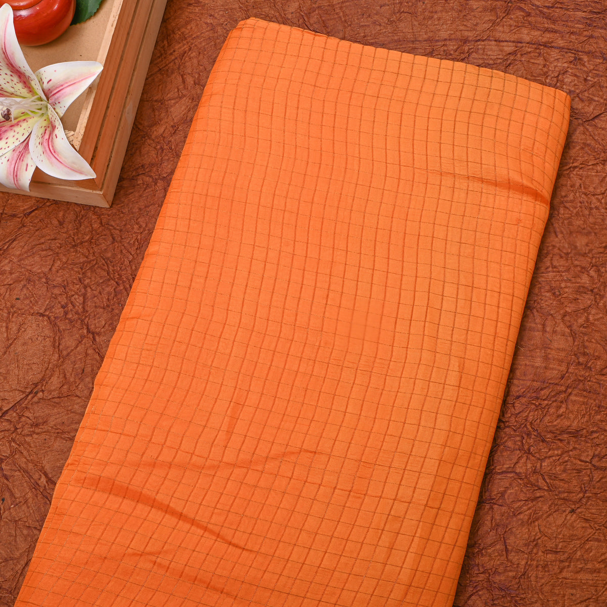 Orange Gold Zari Checks Silk Fabric