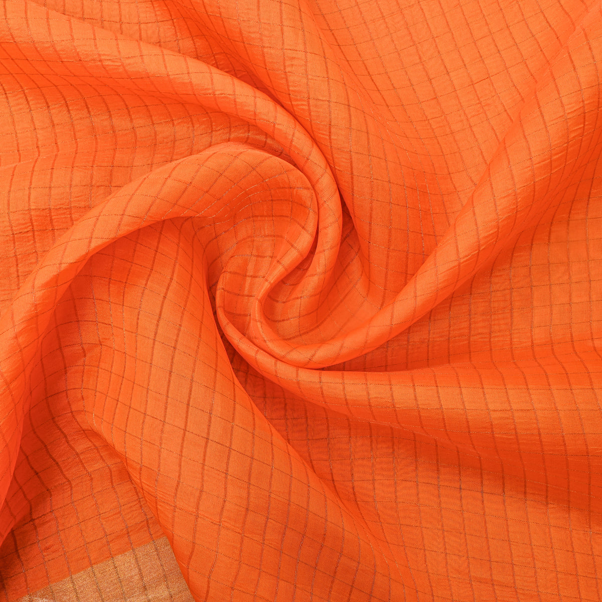 Orange Gold Zari Checks Silk Fabric