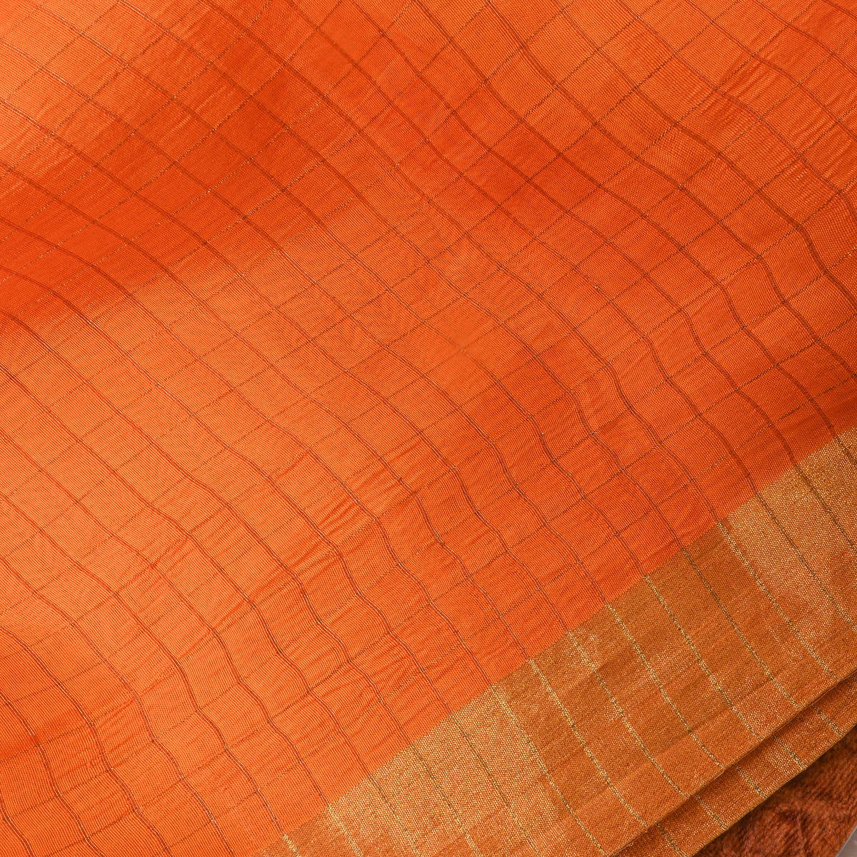 Orange Gold Zari Checks Silk Fabric