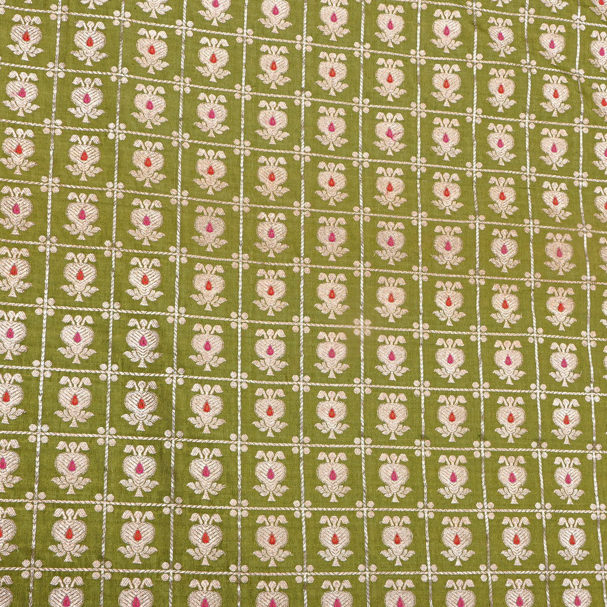 Moss Green Dual Zari Checked Butti Jamawar Silk Fabric