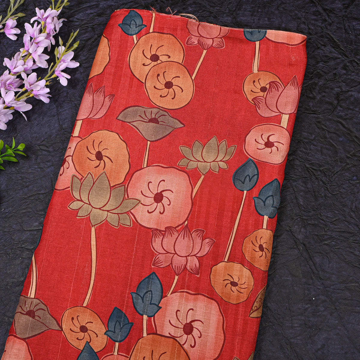 Paprika Orange Lotus Leaf Kalamkari Pen Print Dupion Silk Fabric