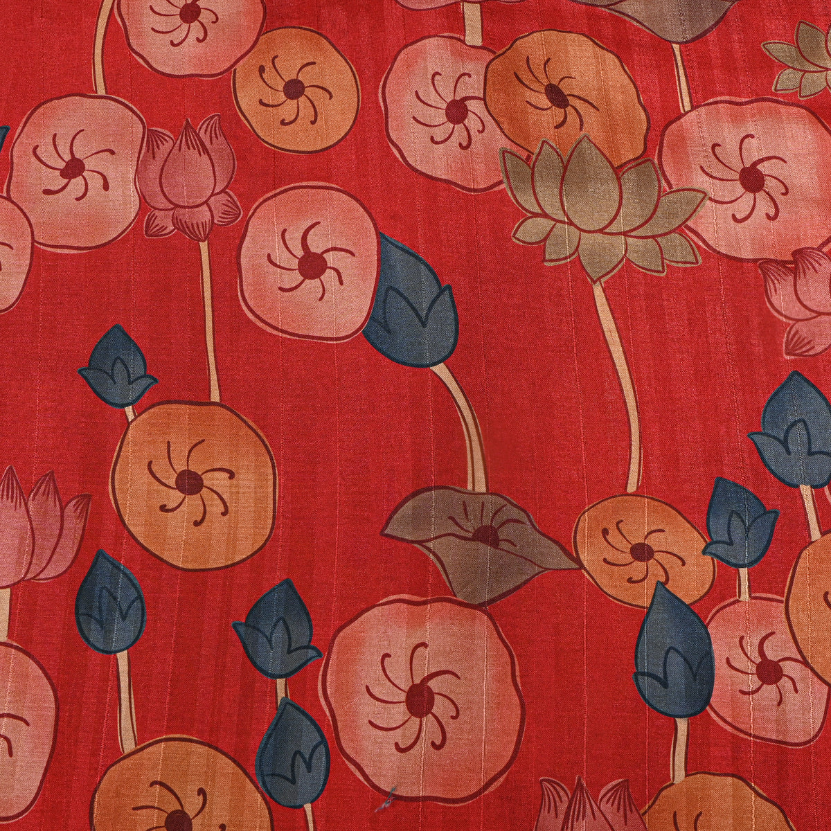 Paprika Orange Lotus Leaf Kalamkari Pen Print Dupion Silk Fabric