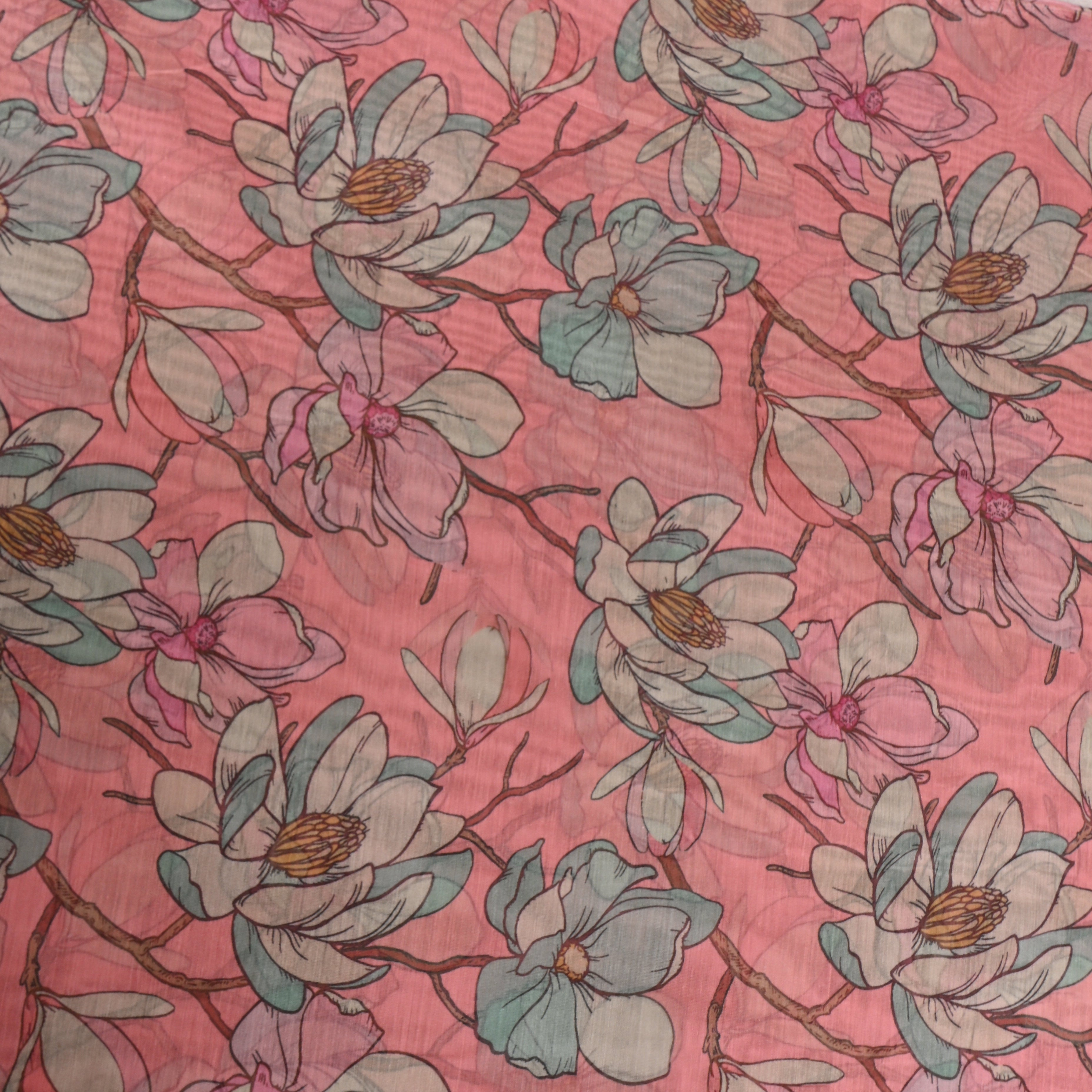 Coral Pink Magnolia Digital Print Soft Silk