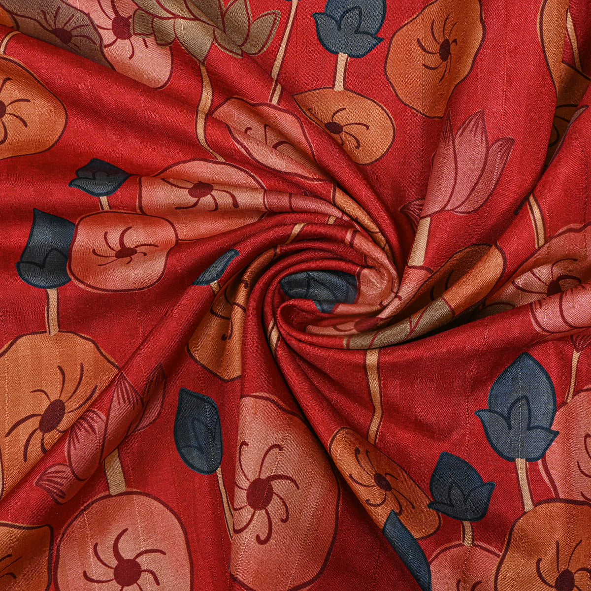 Paprika Orange Lotus Leaf Kalamkari Pen Print Dupion Silk Fabric