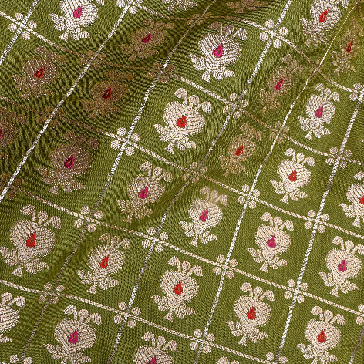 Moss Green Dual Zari Checked Butti Jamawar Silk Fabric
