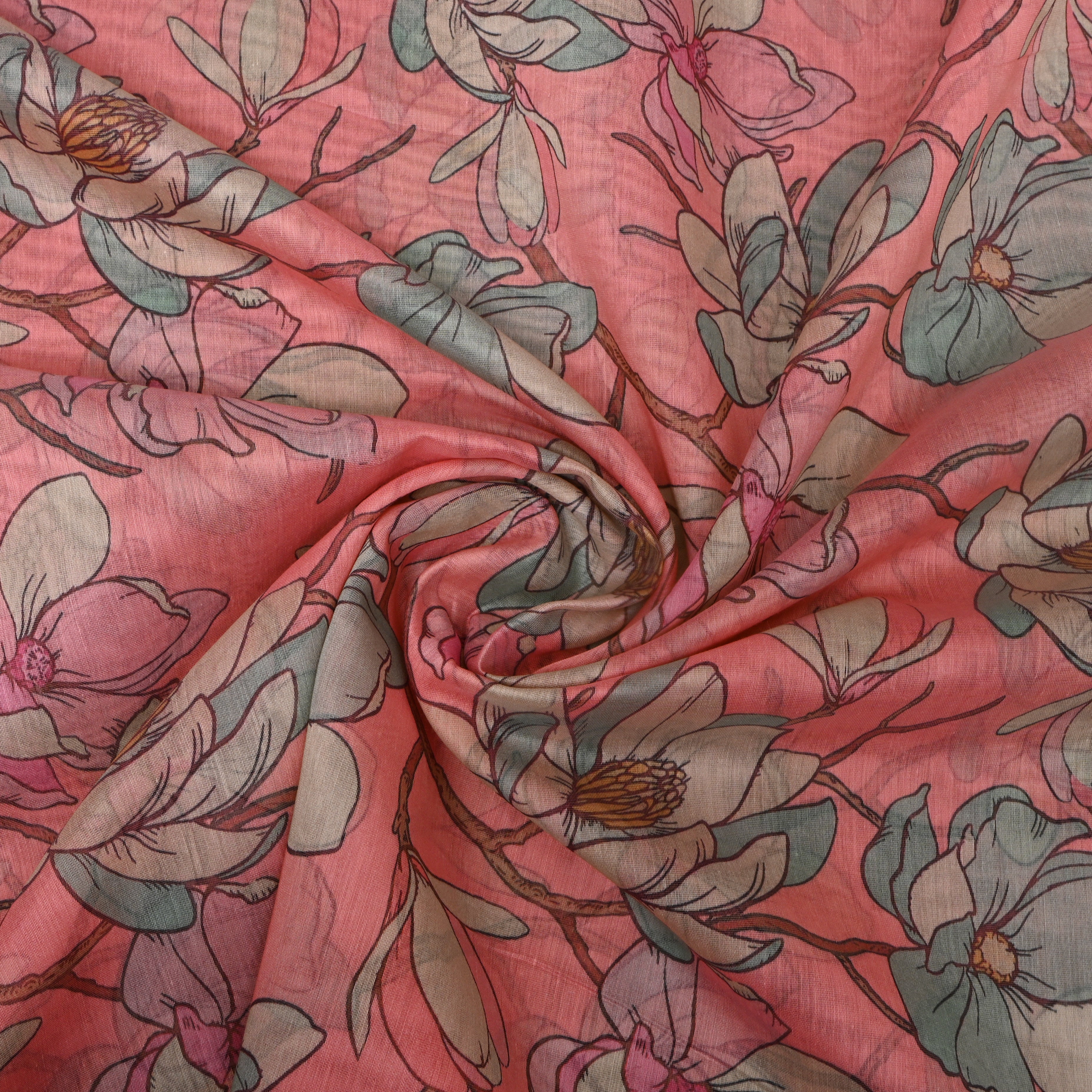 Coral Pink Magnolia Digital Print Soft Silk