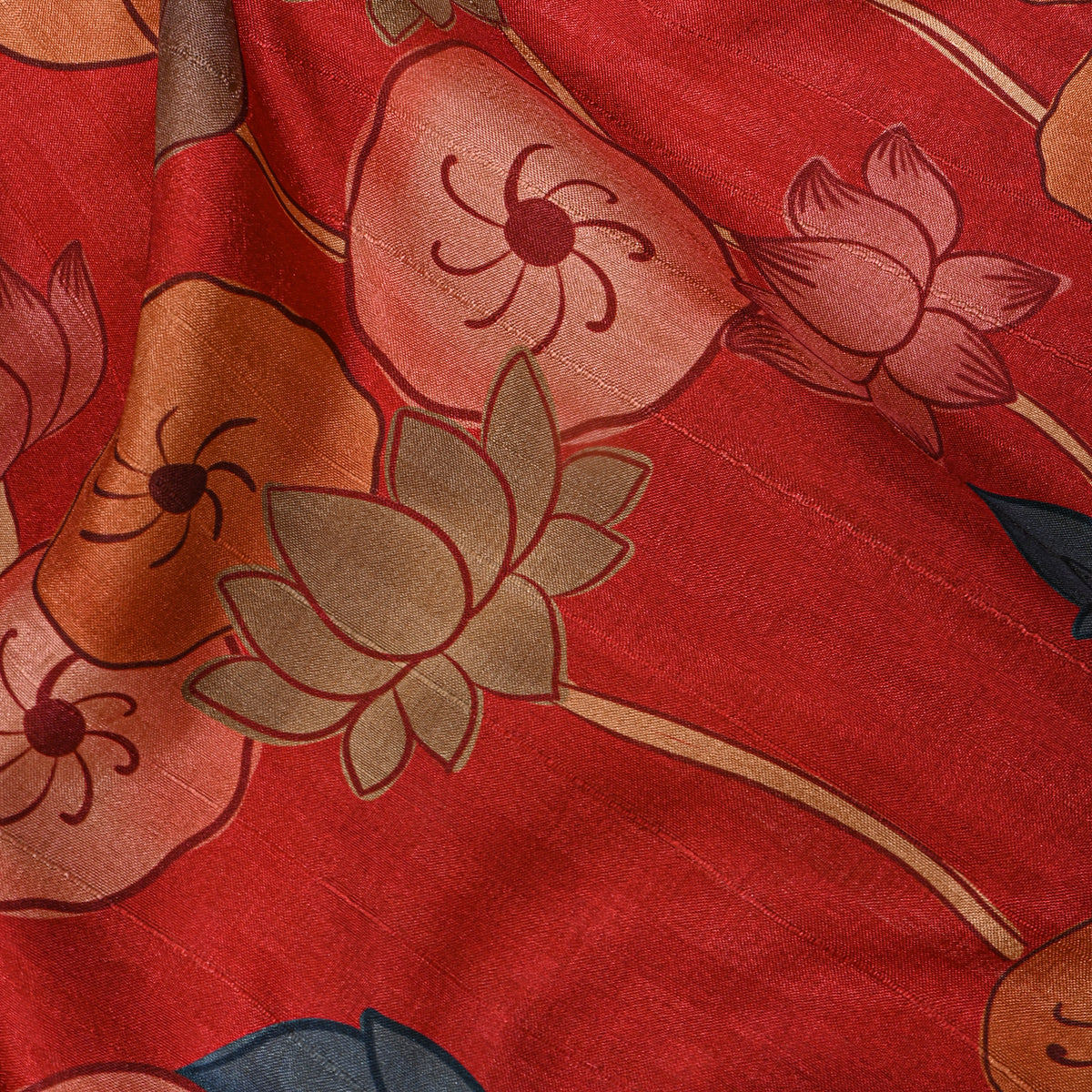 Paprika Orange Lotus Leaf Kalamkari Pen Print Dupion Silk Fabric
