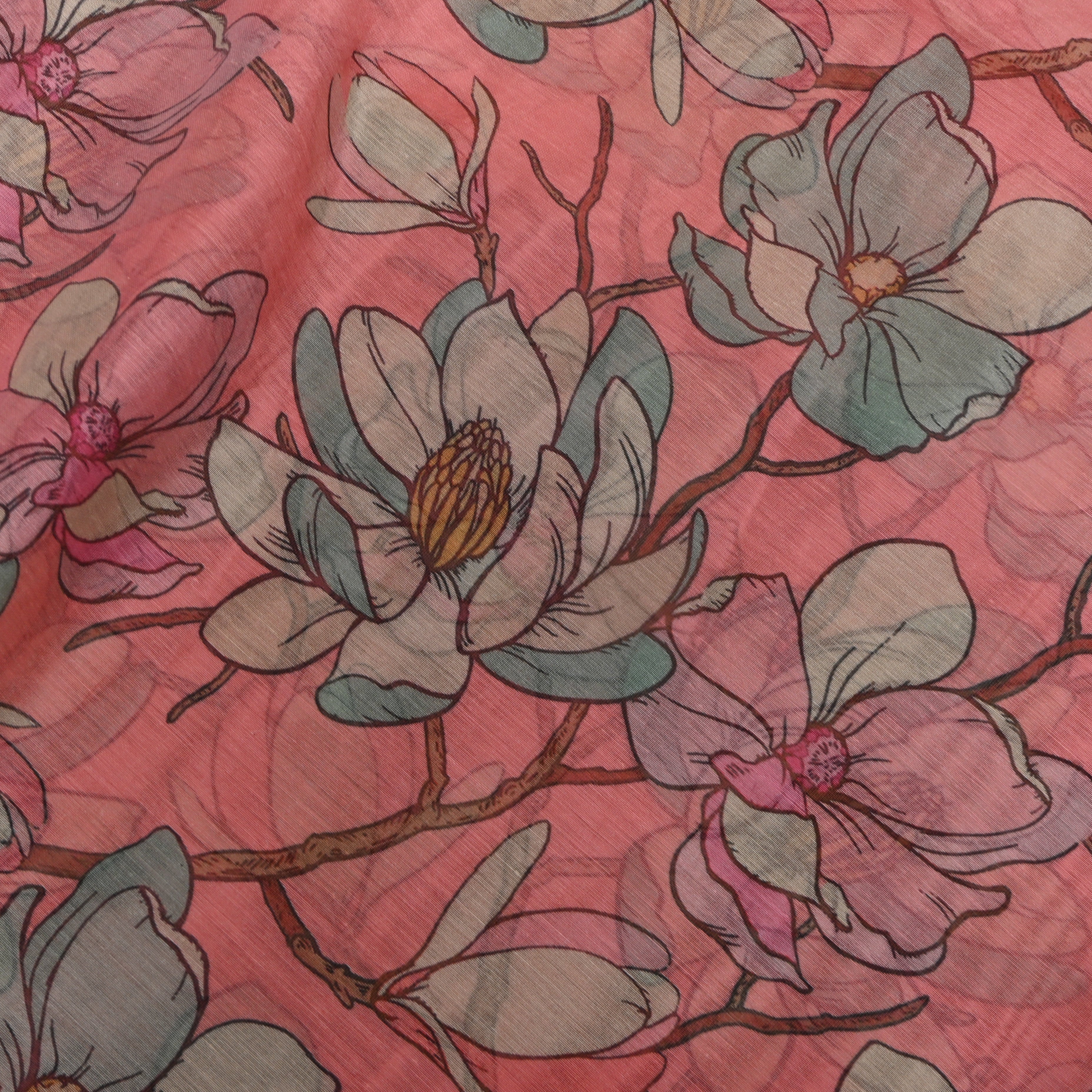 Coral Pink Magnolia Digital Print Soft Silk